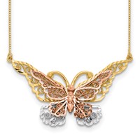 14K Yellow and Rose Gold Necklace with White Rhodium Large Filigree Butterfly, 17" view 1