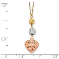 14K Tri-color Diamond-cut Beads and Puffed Heart Necklace Plus 2 Inch Extender, 16" view 3