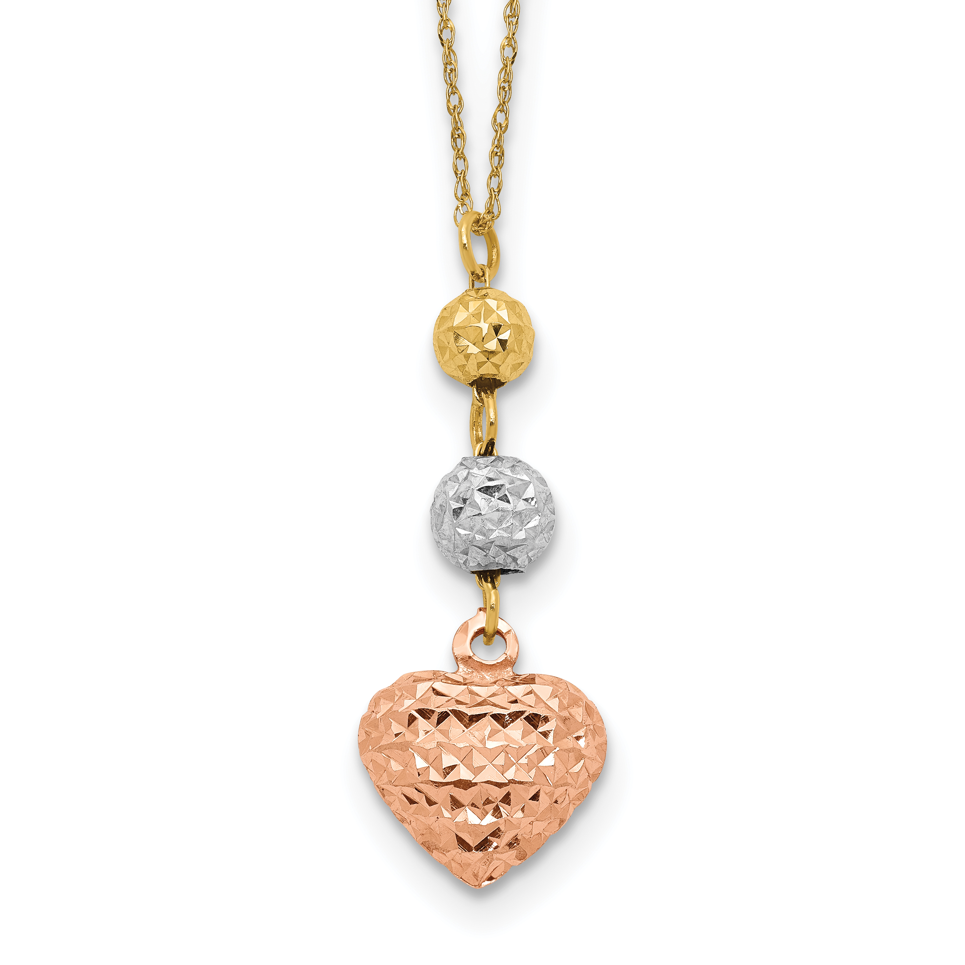 14K Tri-color Diamond-cut Beads and Puffed Heart 16 inch Necklace Plus 2 inch Extender (SF2049-16)
