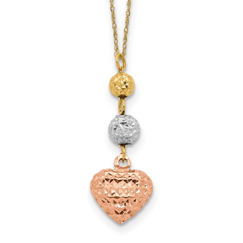 14K Tri-color Diamond-cut Beads and Puffed Heart Necklace Plus 2 Inch Extender, 16"