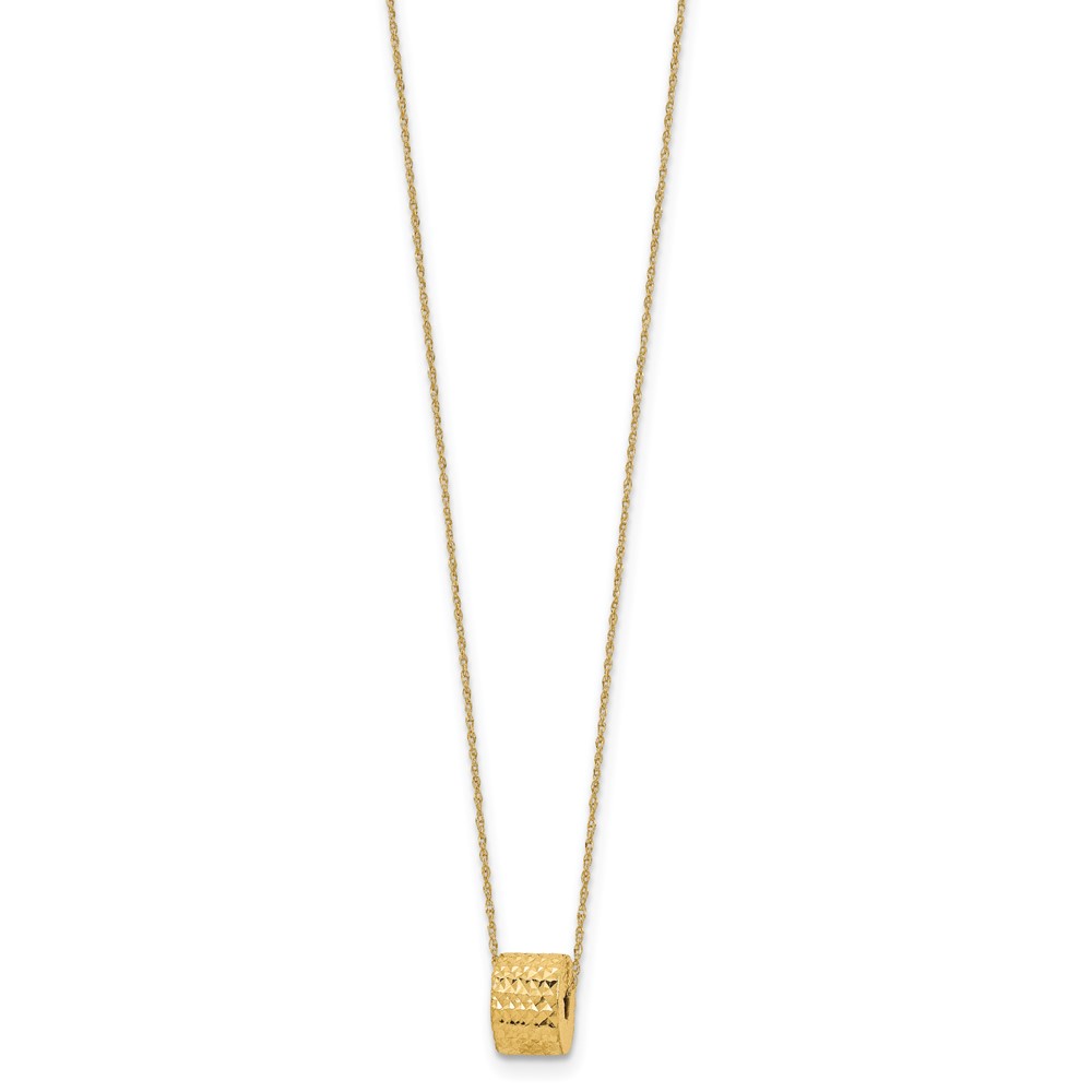 14K Rope Chain with Textured Barrel Bead 16 inch Necklace Plus 2 inch Extension (SF2061-16)