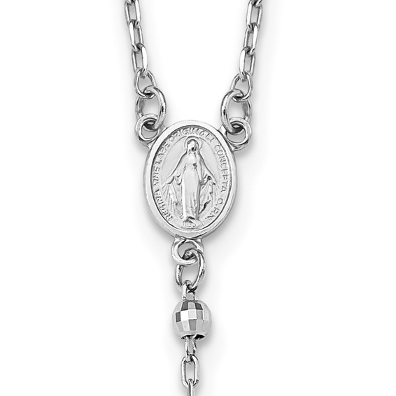 14k White Gold Polished Crucifix and Miraculous Medal with 3mm Mirror Beads 24 inch Rosary Necklace