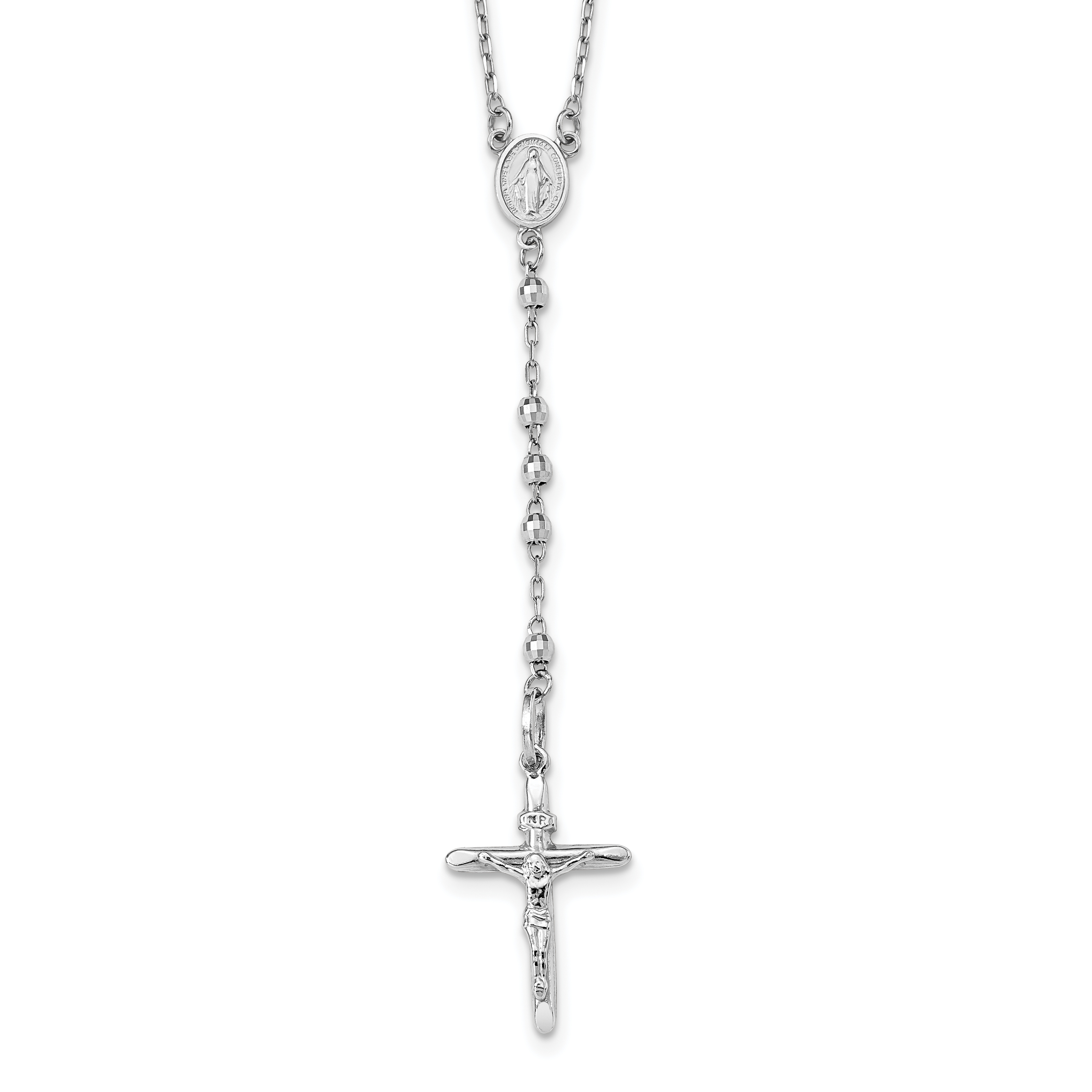 14k White Gold Polished Crucifix and Miraculous Medal with 3mm Mirror Beads 24 inch Rosary Necklace (SF2064-24)