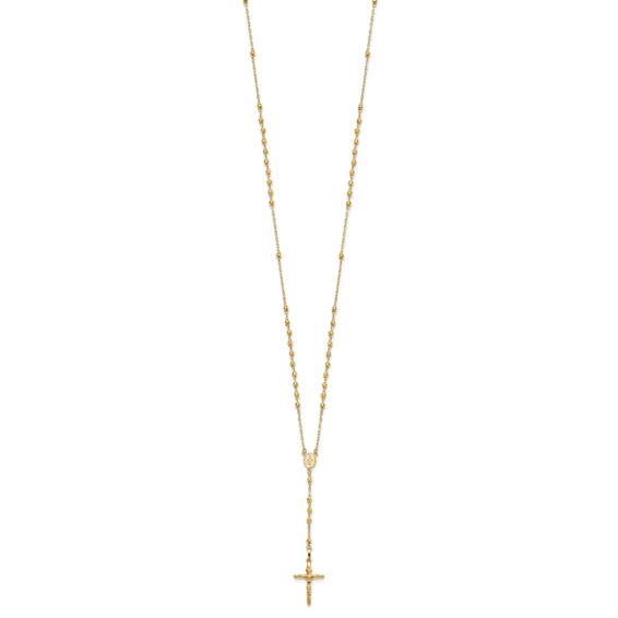 14k Polished Crucifix and Miraculous Medal with 3mm Mirror Beads Semi-solid 24 inch Rosary Necklace