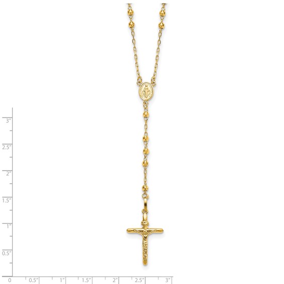 14k Polished Crucifix and Miraculous Medal with 3mm Mirror Beads Semi-solid 24 inch Rosary Necklace