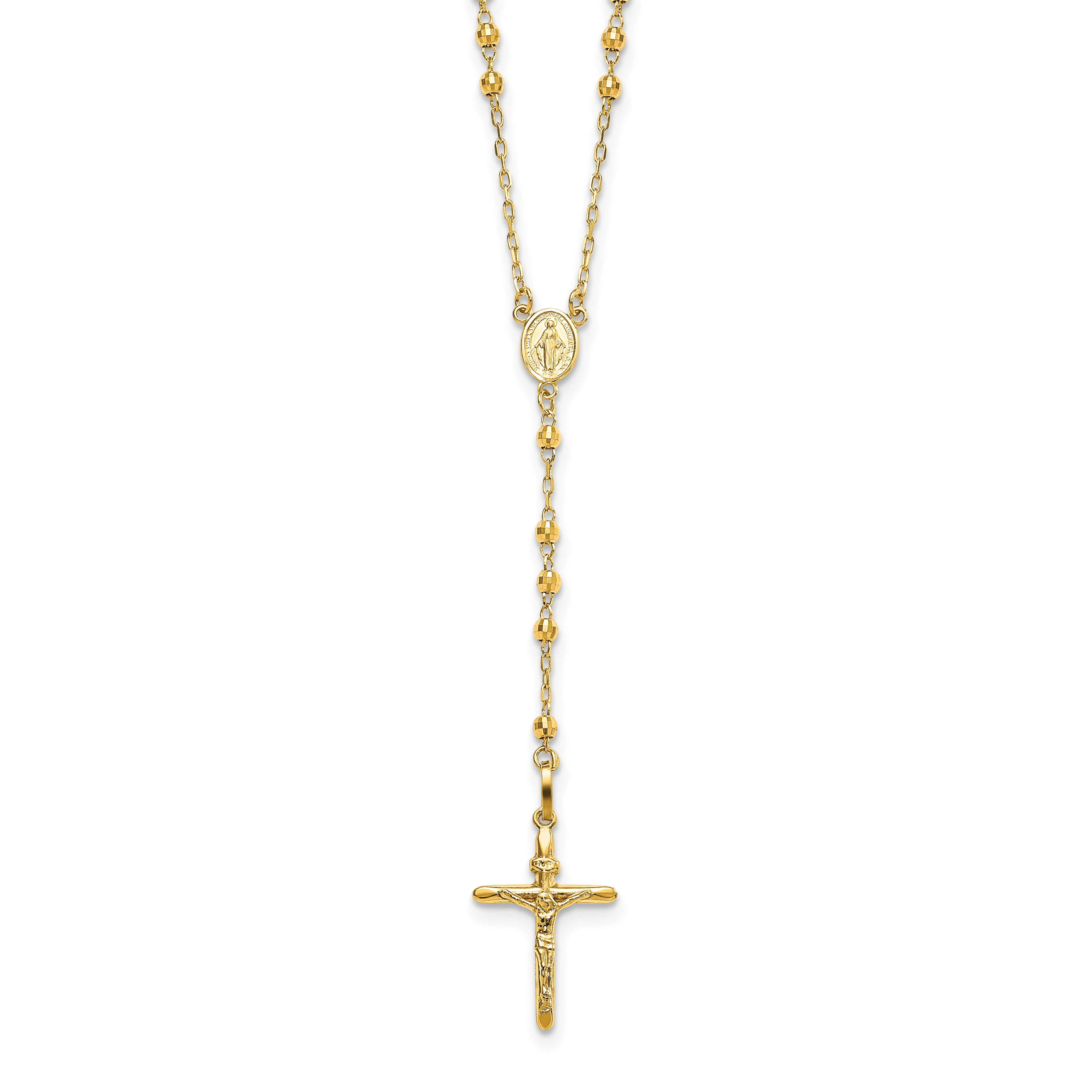 14k Polished Crucifix and Miraculous Medal with 3mm Mirror Beads Semi-solid 24 inch Rosary Necklace (SF2065-24)