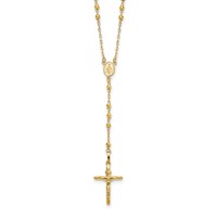 14K Yellow Gold Polished Crucifix and Miraculous Medal Necklace with 3mm Mirror Beads Semi-solid Rosary, 24" view 1