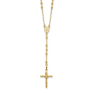 14k Polished Crucifix and Miraculous Medal with 3mm Mirror Beads Semi-solid 24 inch Rosary Necklace