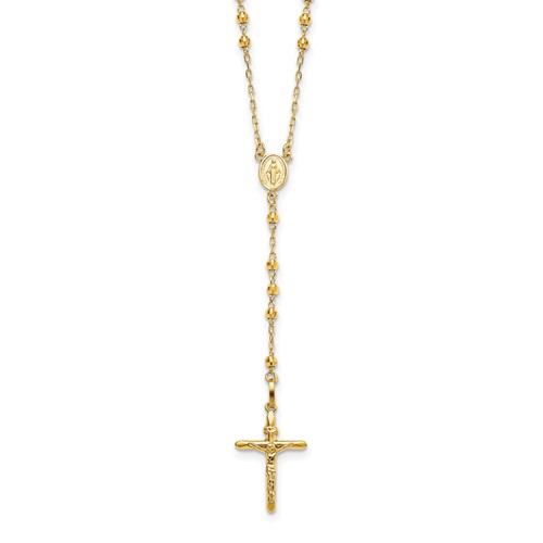 14K Polished Crucifix and Miraculous Medal with 3mm Mirror Beads Semi-solid 24 Inch Rosary Necklace