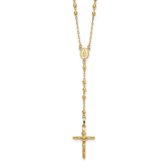 14k Polished Crucifix and Miraculous Medal with 3mm Mirror Beads Semi-solid 24 inch Rosary Necklace