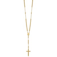 14K Yellow Gold Polished Crucifix and Miraculous Medal Necklace with 4mm Mirror Beads Semi-solid Rosary, 24" view 2