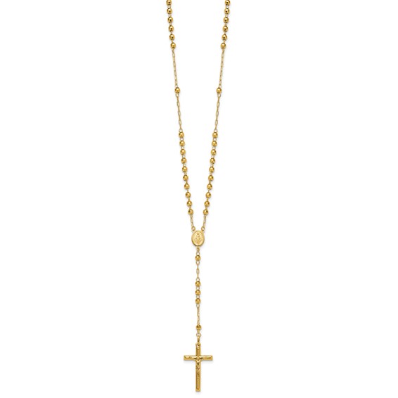 14k Polished Crucifix and Miraculous Medal with 4mm Mirror Beads Semi-solid 24 inch Rosary Necklace