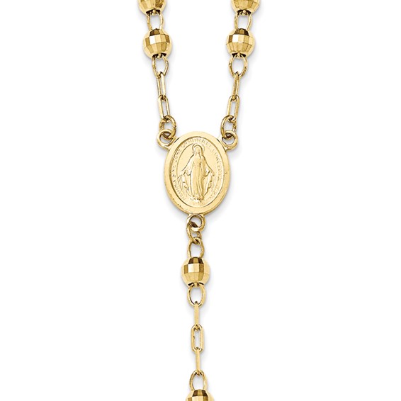 14k Polished Crucifix and Miraculous Medal with 4mm Mirror Beads Semi-solid 24 inch Rosary Necklace