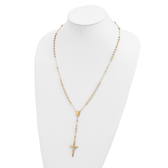 14k Polished Crucifix and Miraculous Medal with 4mm Mirror Beads Semi-solid 24 inch Rosary Necklace