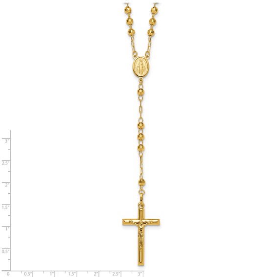 14k Polished Crucifix and Miraculous Medal with 4mm Mirror Beads Semi-solid 24 inch Rosary Necklace