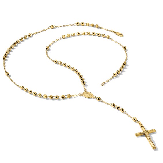 14k Polished Crucifix and Miraculous Medal with 4mm Mirror Beads Semi-solid 24 inch Rosary Necklace