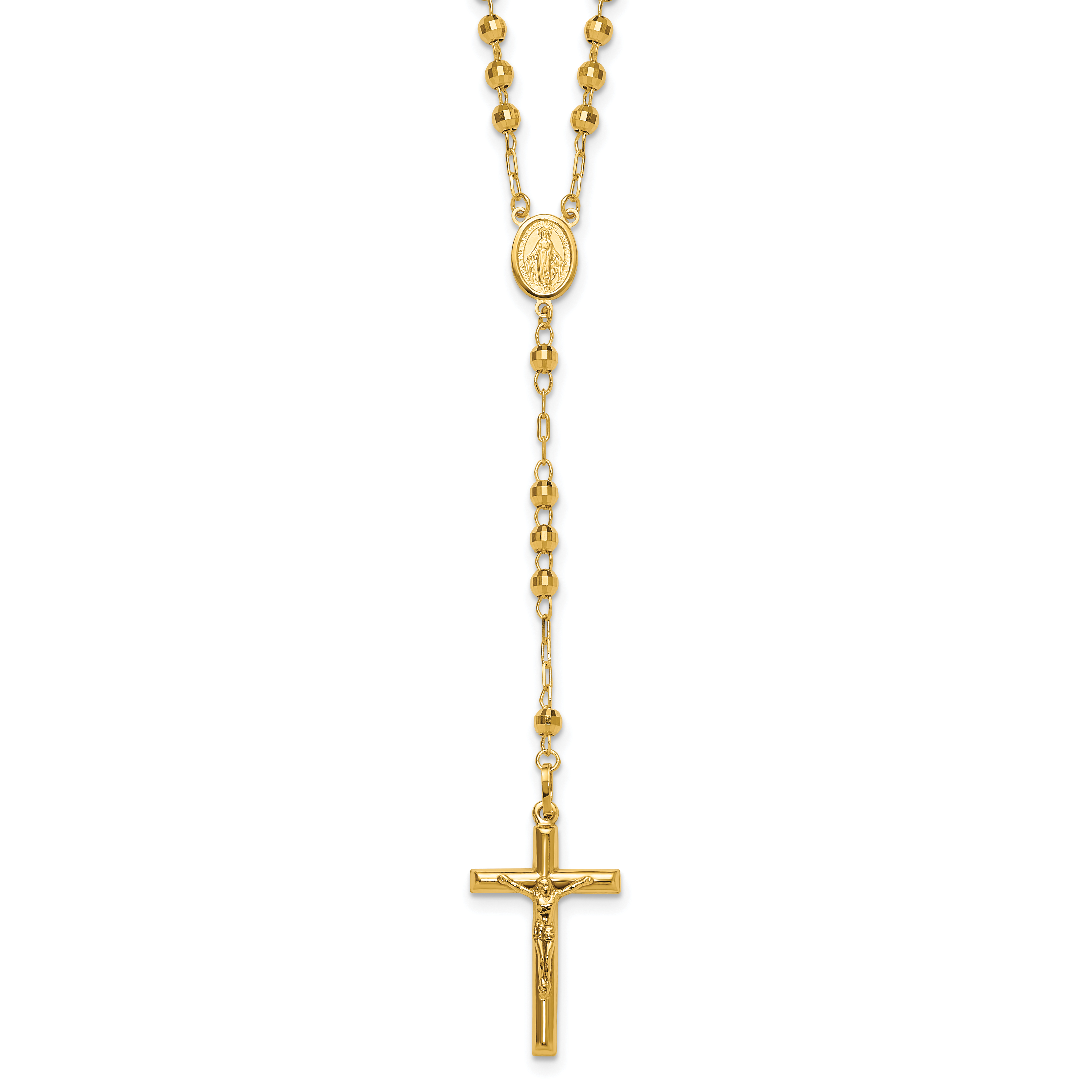 14k Polished Crucifix and Miraculous Medal with 4mm Mirror Beads Semi-solid 24 inch Rosary Necklace (SF2066-24)