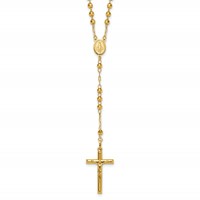 14K Yellow Gold Polished Crucifix and Miraculous Medal Necklace with 4mm Mirror Beads Semi-solid Rosary, 24" view 1