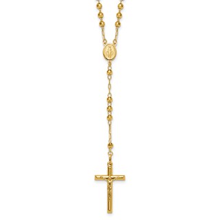 14k Polished Crucifix and Miraculous Medal with 4mm Mirror Beads Semi-solid 24 inch Rosary Necklace