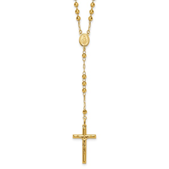 14k Polished Crucifix and Miraculous Medal with 4mm Mirror Beads Semi-solid 24 inch Rosary Necklace
