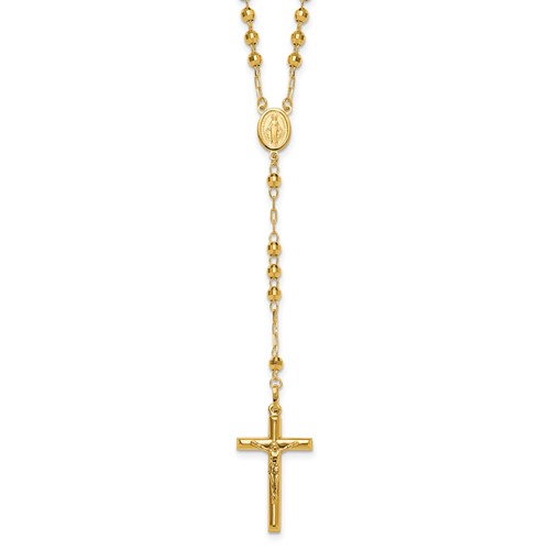 14K Yellow Gold Polished Crucifix and Miraculous Medal Necklace with 4mm Mirror Beads Semi-solid Rosary - 24in