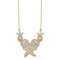 14K Necklace with White Rhodium Diamond-cut Starfish and Sand Dollar, 18" view 2