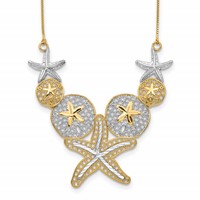 14K Necklace with White Rhodium Diamond-cut Starfish and Sand Dollar, 18" view 1
