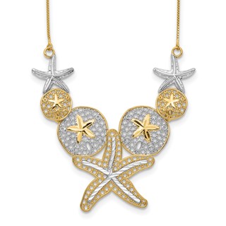 14k with White Rhodium Diamond-cut Starfish and Sand Dollar 18 inch Necklace