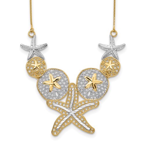 14K Necklace with White Rhodium Diamond-cut Starfish and Sand Dollar, 18"