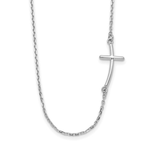 14K White Gold Polished Small Sideways Curved Cross Necklace, 19"