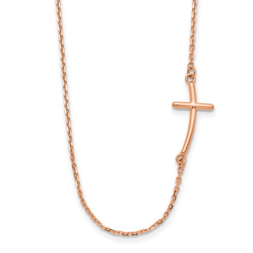 14K Rose Gold Polished Small Sideways Curved Cross Necklace, 19"