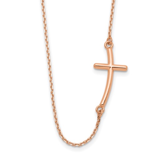 14K Rose Gold Polished Large Sideways Curved Cross Necklace, 19"