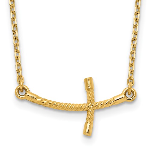 14K Yellow Gold Small Sideways Curved Twist Cross Necklace, 19"
