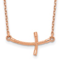 14K Rose Gold Small Sideways Curved Twist Cross Necklace view 1