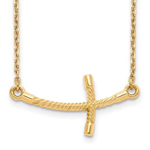 14K Yellow Gold Large Sideways Curved Twist Cross Necklace, 19"
