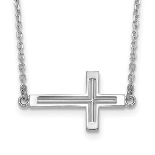 14K White Gold Polished Cut-out Sideways Cross Necklace, 19"
