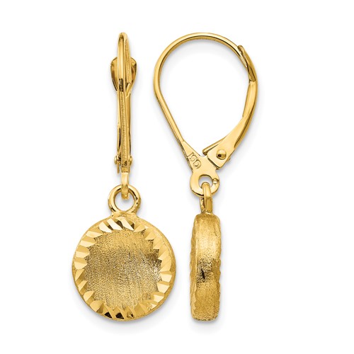 14K Yellow Gold Brushed and Polished Diamond-cut Circle Dangle Leverback Earrings