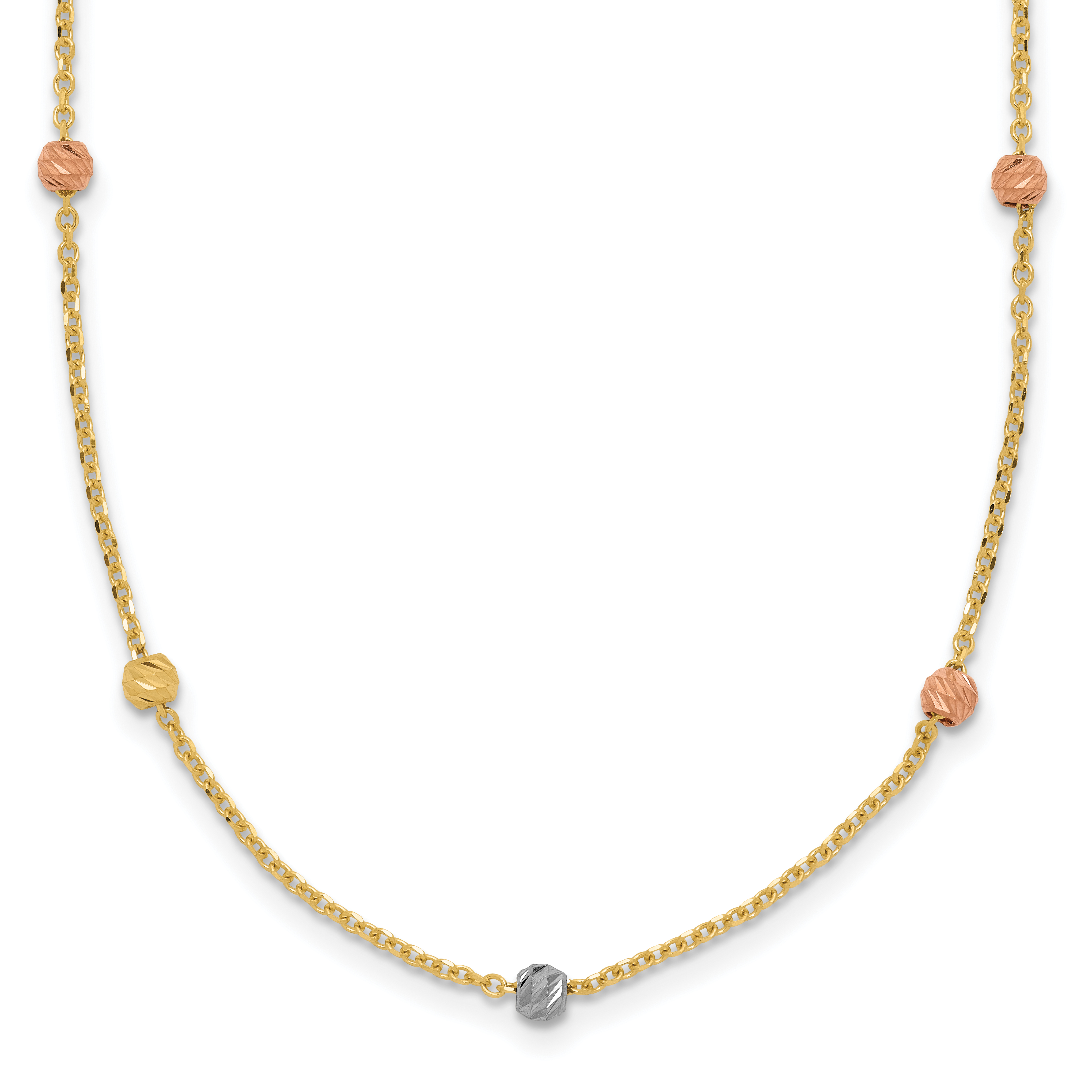 14k Tri-color Polished Diamond-cut Beads 18 inch Station Necklace (SF2270-18)