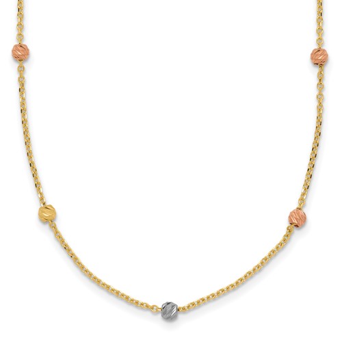 14K Tri-color Polished Diamond-cut Beads Station Necklace, 18"