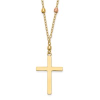 14K Tri-color Mirror Beaded Chain Necklace with Polished Cross Pendant, 18" view 1