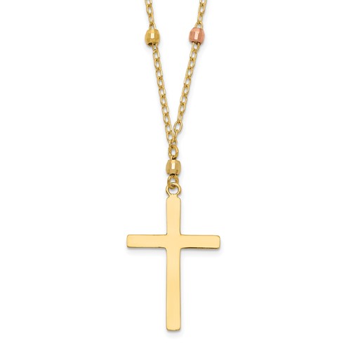 14K Tri-color Mirror Beaded Chain Necklace with Polished Cross Pendant, 18"