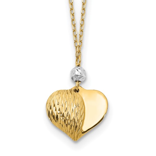 14K Two Tone Polished Diamond-cut Puffed Heart and Bead Pendant Necklace, 18"