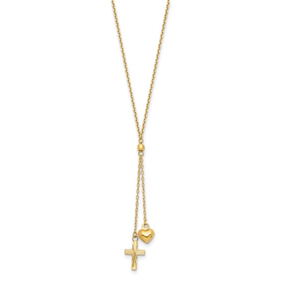14K Puffed Heart and Diamond-cut Cross 16 inch Y-Necklace Plus 2 inch Extender