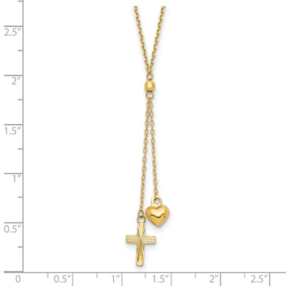 14K Puffed Heart and Diamond-cut Cross 16 inch Y-Necklace Plus 2 inch Extender