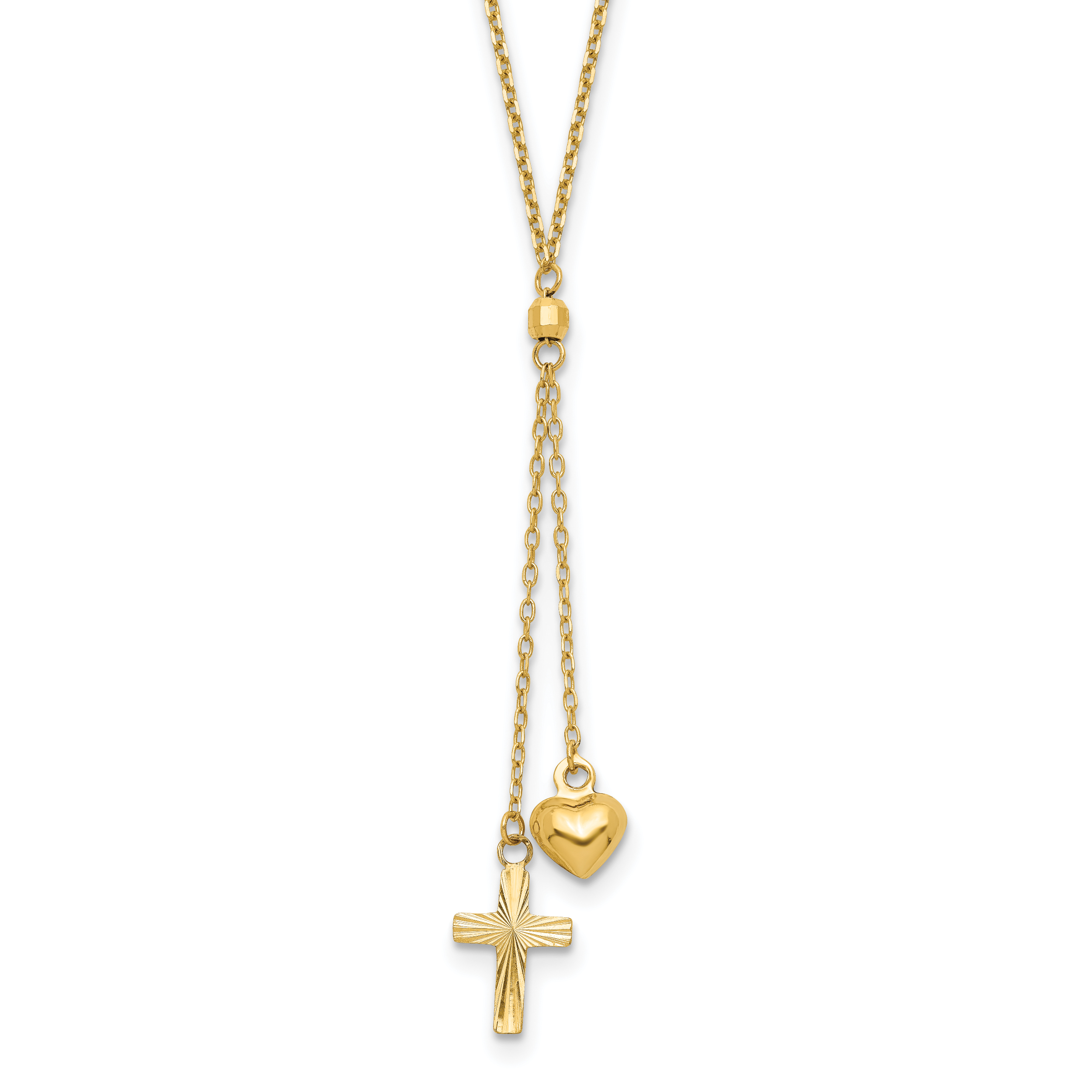 14K Puffed Heart and Diamond-cut Cross 16 inch Y-Necklace Plus 2 inch Extender (SF2288-16)