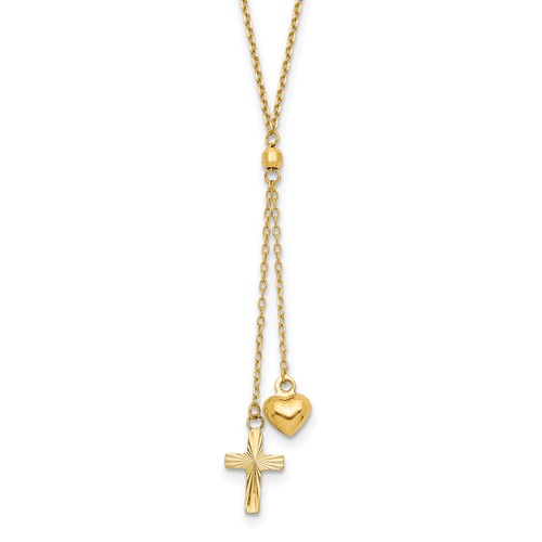 14K Yellow Gold Puffed Heart and Diamond-cut Cross Y-Necklace Plus 2 Inch Extender, 16"