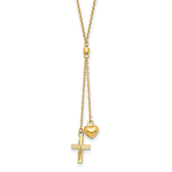 14K Puffed Heart and Diamond-cut Cross 16 inch Y-Necklace Plus 2 inch Extender