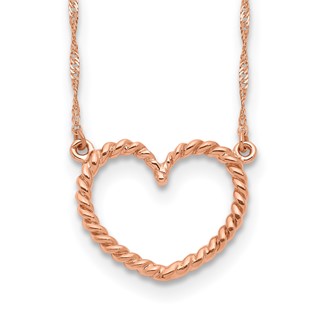 14k Rose Gold Polished and Textured Open Heart 17 inch Necklace