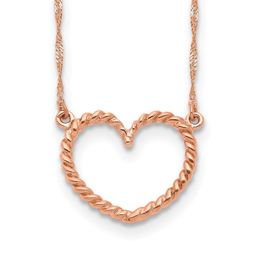 14K Rose Gold Polished and Textured Open Heart Necklace, 17"