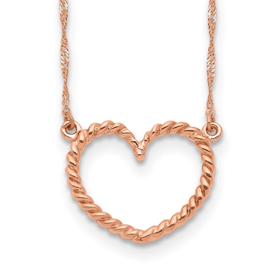 14k Rose Gold Polished and Textured Open Heart 17 inch Necklace